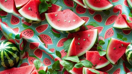 Seamless texture of ripe watermelon slices with seeds and green leaves on vibrant pink background, perfect for summer designs, food packaging, party decor, fresh juicy fruit pattern, tropical vibe, r