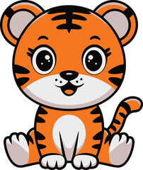 Fototapeta premium Cute cartoon tiger animal vector with big eyes and orange stripes sitting on white background 