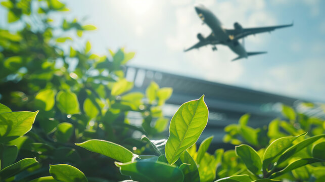 Serene Airport Scene with Plane and Green Plants | Travel Photo