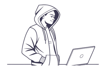 Person in Hoodie Working on Laptop: A young man in a hoodie stands confidently at a desk, focused on his laptop screen, in a minimalist line drawing.