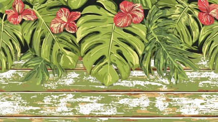 Painting of a tropical scene with a green background and a wooden frame. The painting features a large leafy plant with red flowers and a smaller leafy plant with red flowers