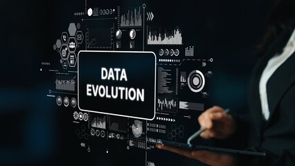 Professional Businesswoman Analyzing Data Evolution Concepts with Digital Graphics in Modern Office Environment. Asymptotic smart data analytic.