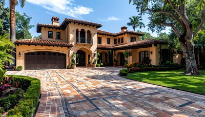 Elegant Spanish Style Home With Intricate Tile Driveway Showcases Luxurious Architect