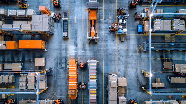 Bird's eye view of modern fulfillment center with geometric arrangement of robotic stations, clean industrial design, organized efficiency