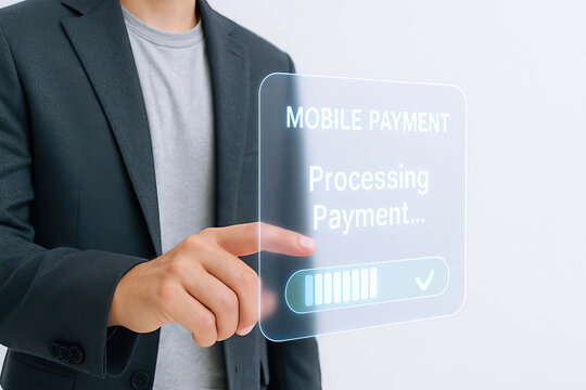 Mobile payment technology concept with businessman using futuristic transparent digital interface for processing transaction securely and efficiently