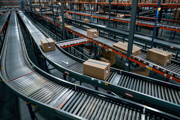 Modern automated warehouse with orange robotic arms handling packages on conveyor belt systems. Smart industrial automation, AI logistics technology, robotics for supply chain management and distribut