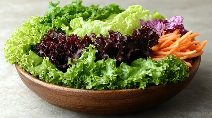 A variety of fresh greens and carrots in a wooden bowl.