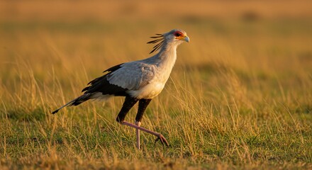 Obraz premium Secretary Bird Striding Through Golden Grassland at Sunset, Kenya, Africa