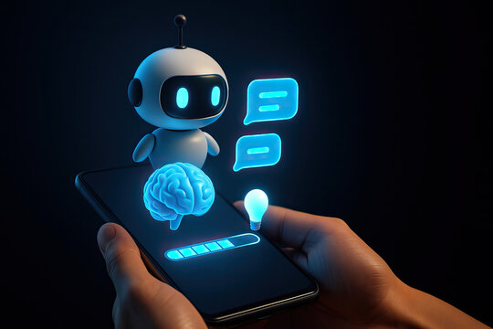 AI robot chatbot with glowing brain and light bulb icons floating above smartphone held by human hands, symbolizing artificial intelligence and digital communication
