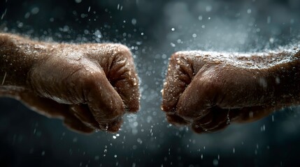 Close-up of Clenched Fists with Water Droplets and Spray in Dark Background