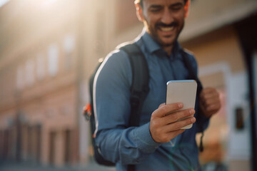 Close up of businessman using app on smart phone on street.