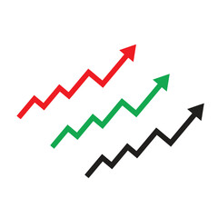 Zigzag Arrow Chart Icon Set – Red, Green, and Black Upward Trend Arrows Representing Business Growth, Stock Market Rise, and Economic Data Progress