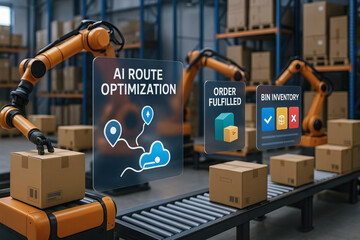 AI route optimization order fulfillment bin inventory robotic arm warehouse automation conveyor belt cardboard box logistics technology supply chain management industrial robot