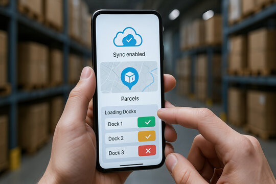 Parcel tracking app on smartphone with sync enabled and loading dock status in warehouse environment
