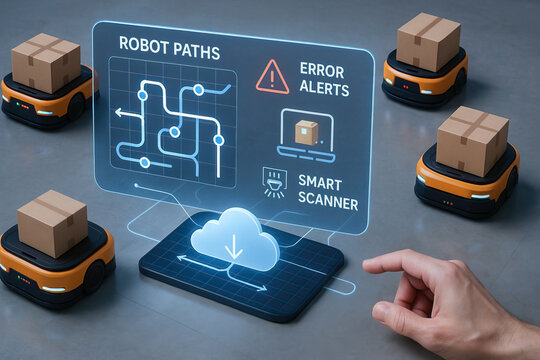 Autonomous warehouse robots carrying packages navigate optimized paths with smart scanning and error alerts, controlled via digital cloud interface for efficient logistics management - Powered by Adobe