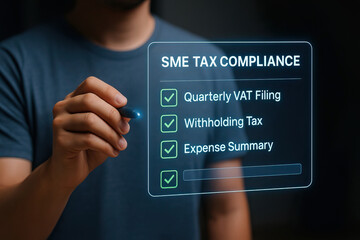 SME tax compliance checklist with quarterly VAT filing, withholding tax, and expense summary highlighted on transparent digital screen held by person in casual shirt
