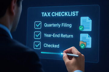 Tax checklist with quarterly filing, year end return, and checked status shown on digital screen with person marking progress using stylus, symbolizing organized financial management