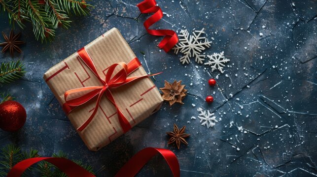 Festive Christmas Gift Box with Red Ribbon Snowflakes and Fir Branches on Dark Background