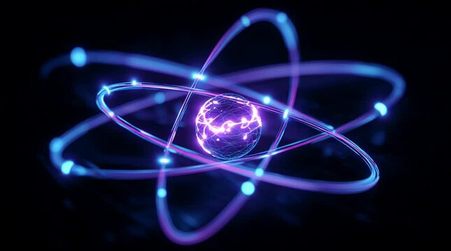 Fluorescent glowing atom core with electrons orbiting in dynamic paths. Modern scientific visualization perfect for physics, chemistry, education, technology, and futuristic presentations.
