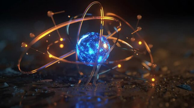 Fluorescent glowing atom core with electrons orbiting in dynamic paths. Modern scientific visualization perfect for physics, chemistry, education, technology, and futuristic presentations.