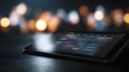 Digital tablet displaying product launch schedule with tech presentation lighting