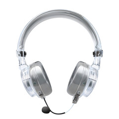 Sleek transparent headphones with a built-in microphone provide crystal clear audio in a modern,...