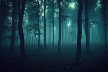 Enigmatic Foggy Forest Mystical Teal Woods Dark Atmosphere Eerie Nature Scene