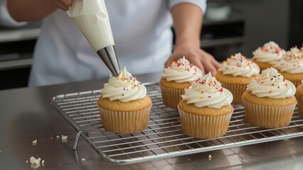 Piping Whipped Cream onto Delicious Cupcakes