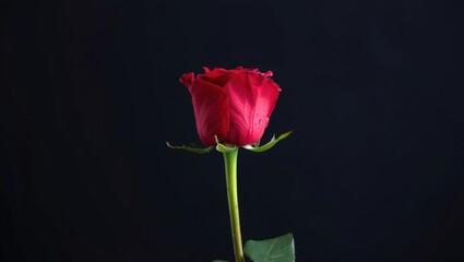 Obraz premium A single red rose with dew drops on its petals, set against a dark background. The vibrant bloom conveys elegance and romance.