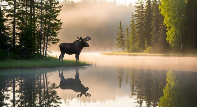 A majestic animal stands reflected in tranquil waters near a forest during a misty sunrise. The scene features lush trees and soft golden light creating a serene, natural landscape. - Powered by Adobe