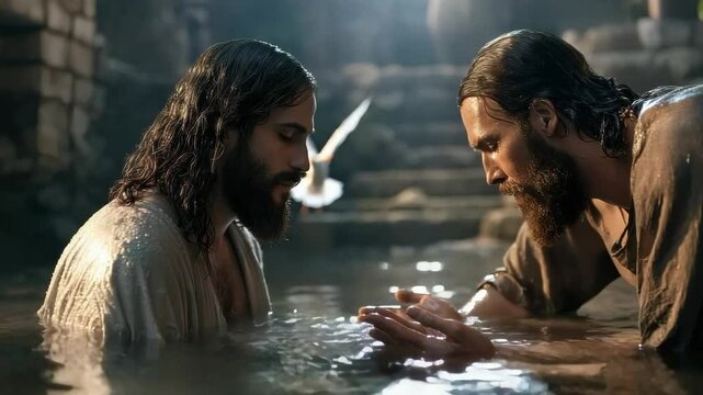Christs immersion in Jordan: baptism by John, divine event, Holy Spirit dove, Gods proclamation, spiritual significance, sacred voice, mission revealed, Sons purpose, heavenly presence.