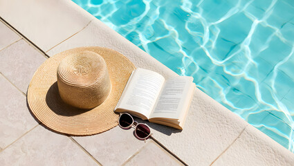 Summer Relaxation: Hat, Book, and Sunglasses by the Pool