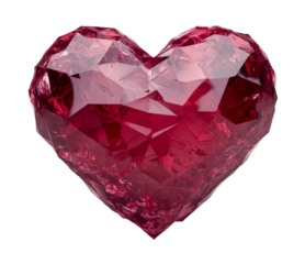 A vibrant red crystal heart with faceted edges symbolizes love and passion, Ideal for romantic themes isolated on transparency PNG background, Valentine's Day, or jewelry design promotions
