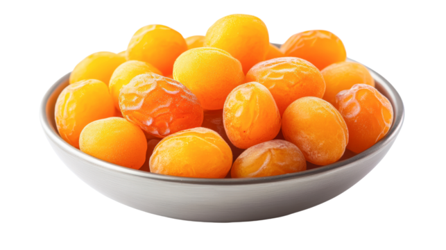 A bowl filled with vibrant orange preserved duck egg yolks sits on  surface, Perfect for culinary blogs and cooking resources isolated on transparency PNG background