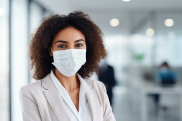 Portrait of a businesswoman wearing a protective face mask in a modern office