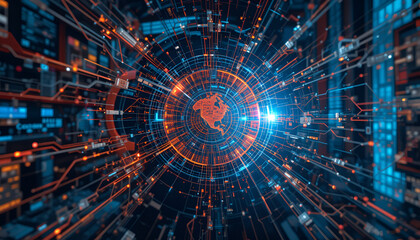 Glowing world map amidst a network of interconnected tech pathways, symbolizing global data connectivity and technological advancement.