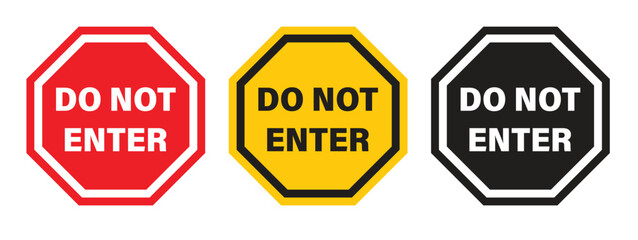 Set of warning and stop signs including hand, exclamation mark, and no entry symbols. Ideal for road safety, caution, and traffic-related design or illustration. Stop, ban, icons, symbol, vector..