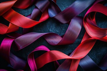 Captivating arrangement of red and purple satin ribbons intertwined on a textured surface, creating an abstract and visually appealing composition