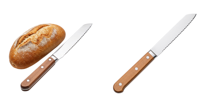 Set of two serrated knives with fresh bread on transparent background  