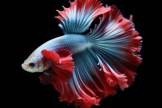 Colorful betta fish gracefully swimming, showcasing its vibrant red, blue, and white fins against a black backdrop