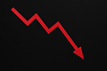 Red zigzag arrow pointing down on black background, symbolizing economic decline, market crash or financial loss. Ideal for illustrating crisis or bearish trends. Red downward arrow on black