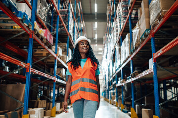 Fototapeta premium Smiling female supervisor walking through retail warehouse with packed shelves