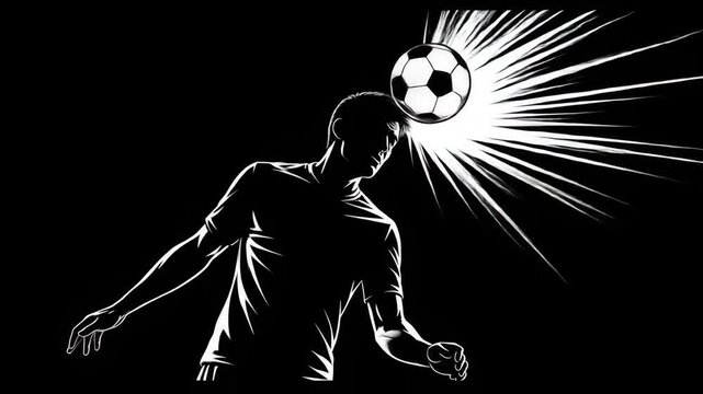 Soccer Player Head-Butting Ball in Dramatic Silhouette - A stylized black and white silhouette of a soccer player head-butting a ball, dynamic action depicted with radiating light bursts.