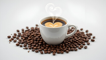 Aromatic coffee in a white cup with heart-shaped steam surrounded by roasted coffee beans creates a warm and inviting ambiance.