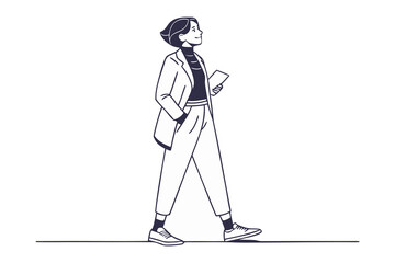 Woman Walking Confidently: A stylish woman strides confidently in a black and white minimalist illustration, exuding grace and purpose in her every step.