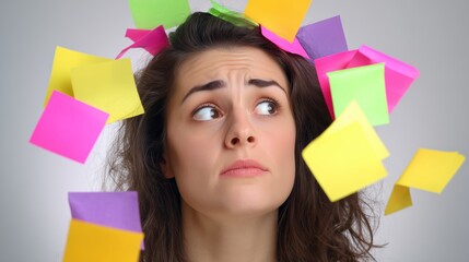Overwhelmed businesswoman surrounded by swirling sticky notes signaling chaotic workload and multitasking pressure