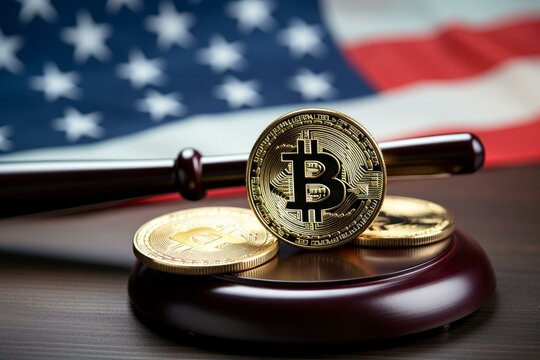 Bitcoin and cryptocurrency regulation concept with judge gavel and united states flag representing legal challenges and future of digital finance