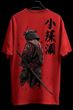 Bold samurai design on a red t-shirt