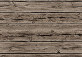 Seamless texture of aged timber planks with cracks and rough grain, faded brown and gray tones, rustic and vintage look, top-down view, high detail, flat lighting for architecture background.