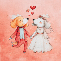 Wedding celebration of two adorable dogs in wedding attire on a pink background with hearts in the air
